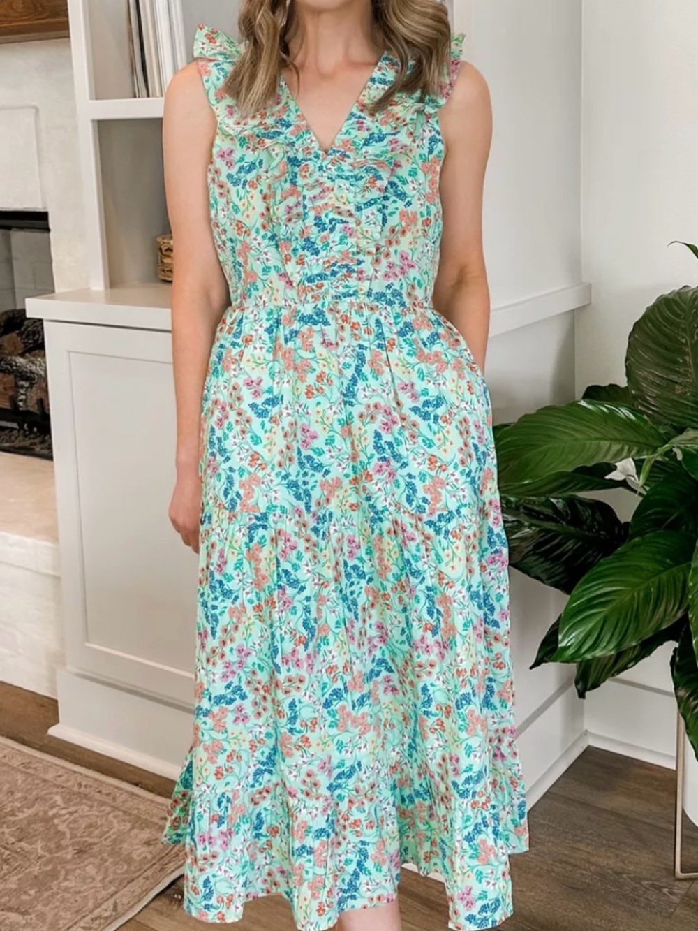 J. Crew Aqua Floral Ruffle Midi Dress